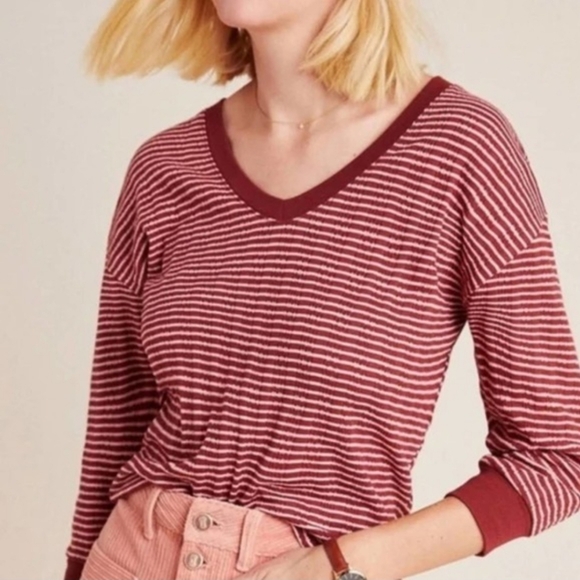 Anthropologie Tops - Anthropologie Hannah Pink Red Striped Knit Textured V-Neck Thermal Shirt Size S
